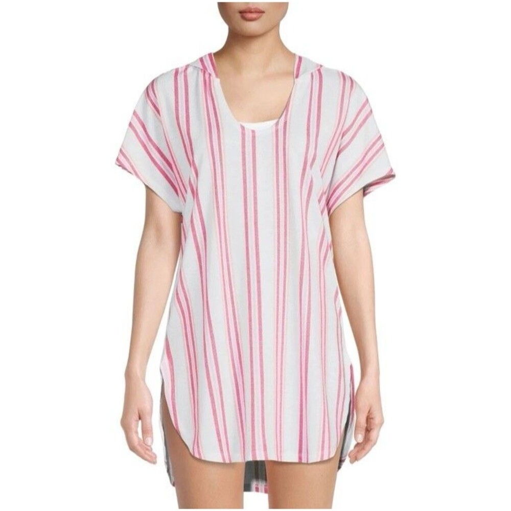 Time & Tru 3X- 4X Pink Stripe Hooded Swim Cover Up Coastal Resort Tunic
